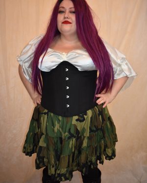 (product) Camo Green Short Skirt with Black cashmere corset and white satin renaissance top