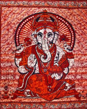 Red Ganesha Holding Lotus Flower In Batik Style Tie Dye Tapestry Full Size