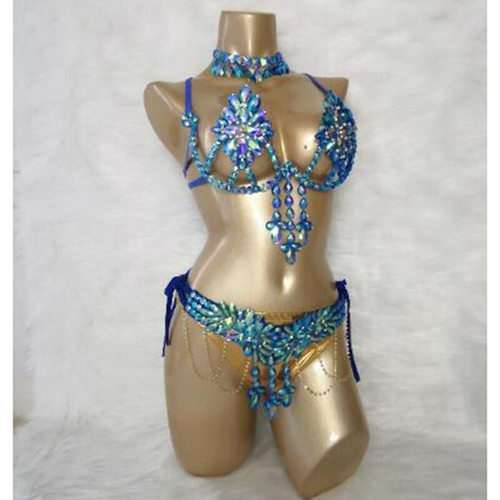 Samba Bra Bikini Set Blue Silver with necklace Crystals /carnival